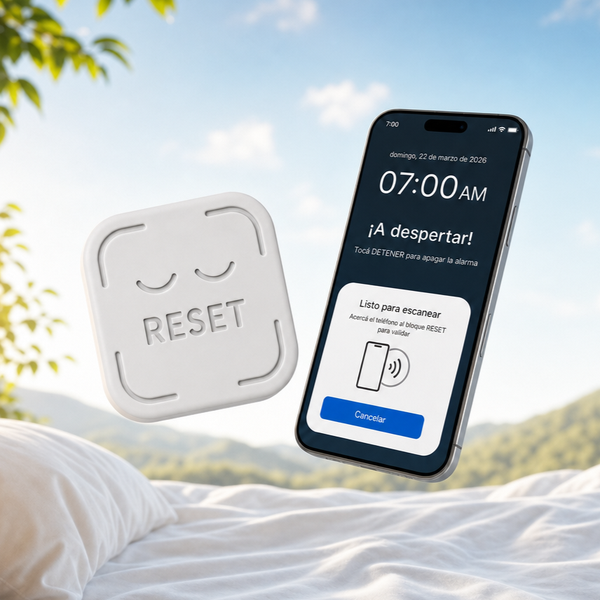 Bloque Reset junto al teléfono con la alarma sonando